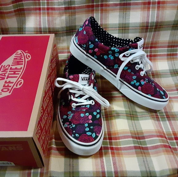 Vans Shoes - Van's floral with box NWT pokadots black white